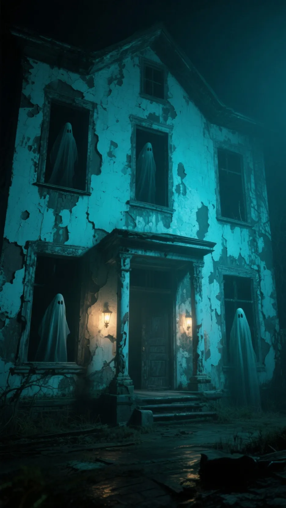 ai character: Jjk haunted house background