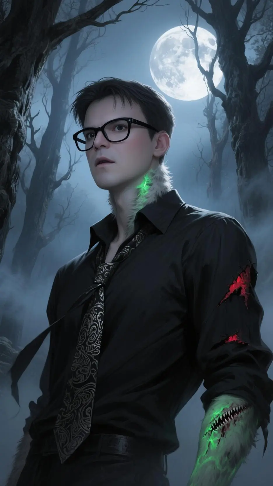 ai character: RL Stine Wolf🐺🌙 background