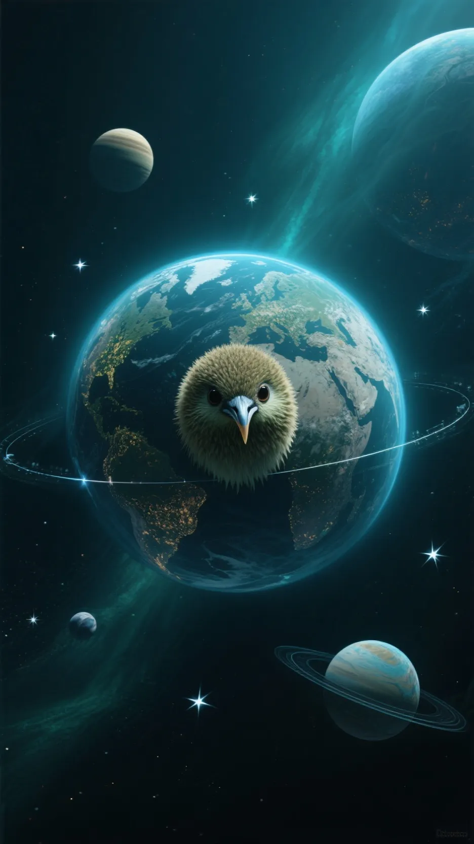 ai character: kiwi bird planet background