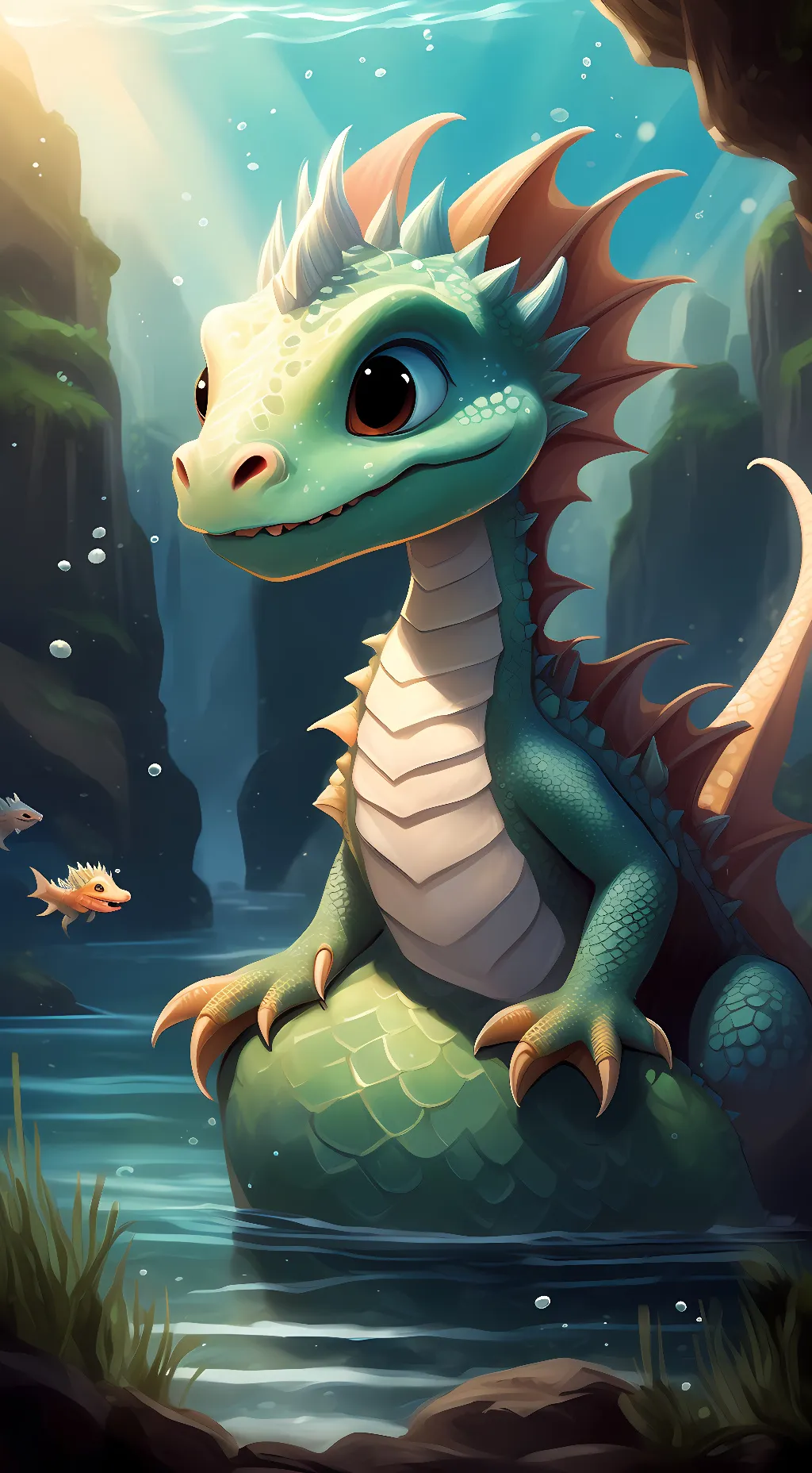 ai character: baby sea dragon  background