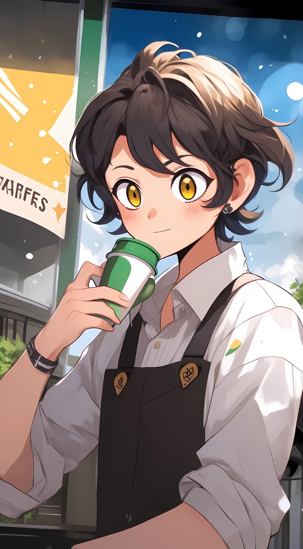 ai character: Starbucks worker   background