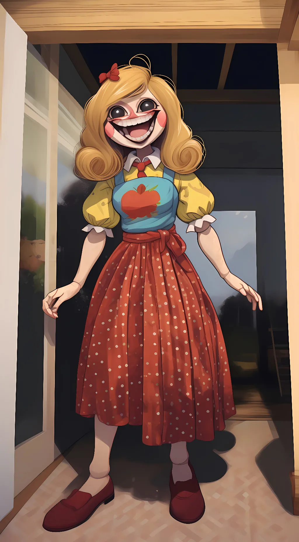 ai character: {} Miss Delight {} background