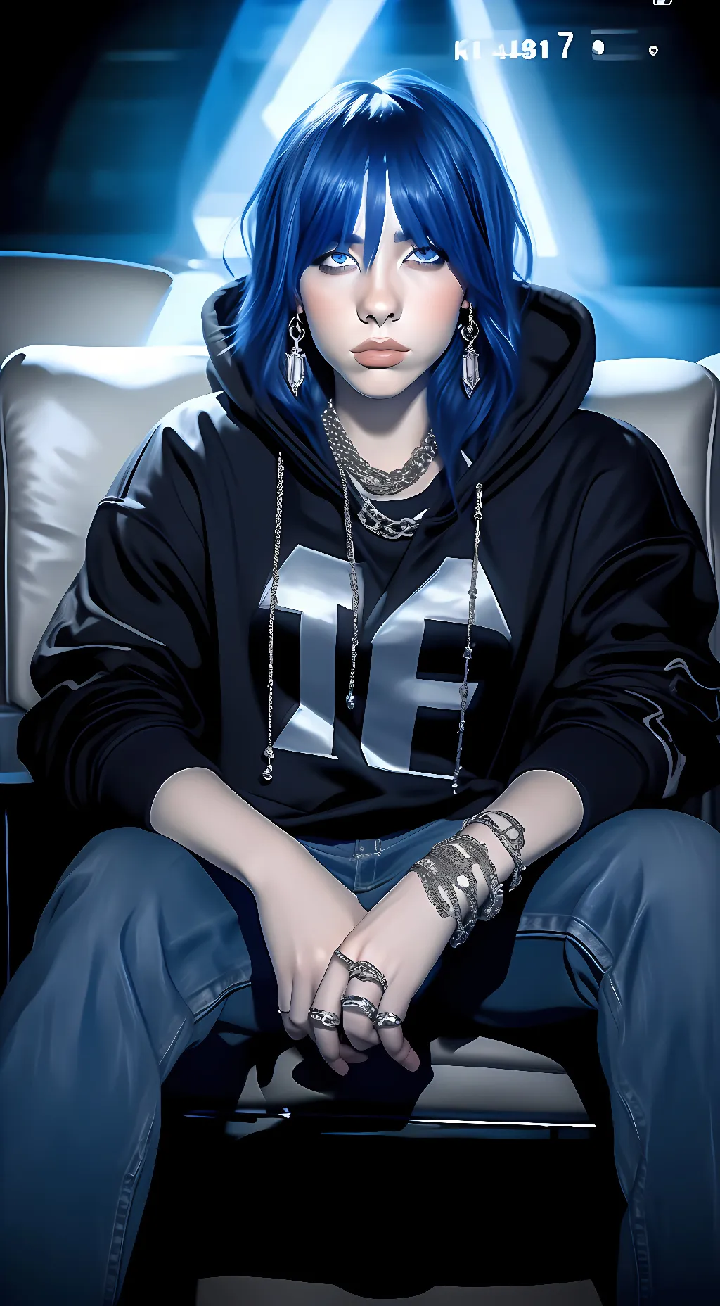 ai character: Blue hair Billie background