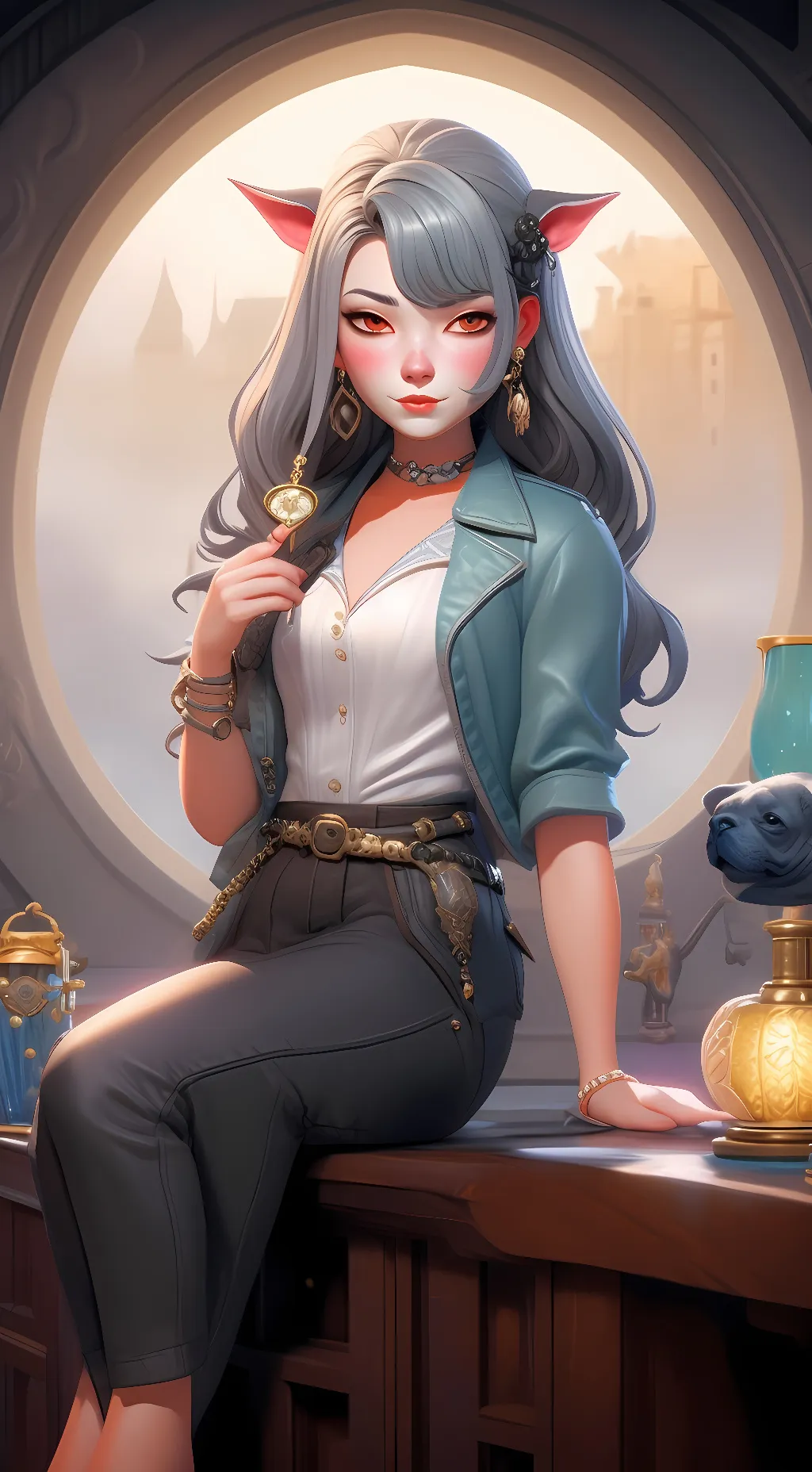 ai character: Darcy Grey background