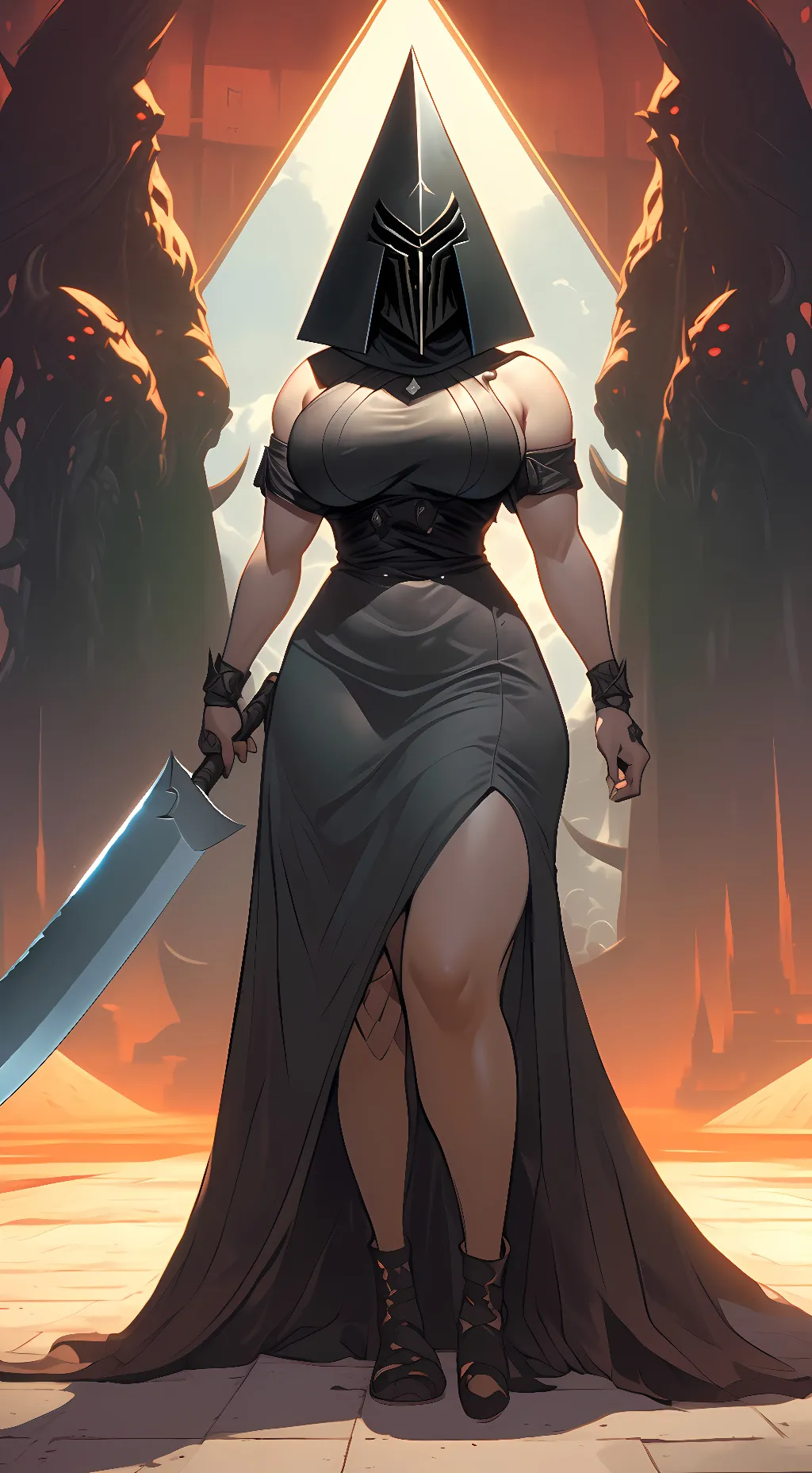 ai character:  pyramid head(fem) background