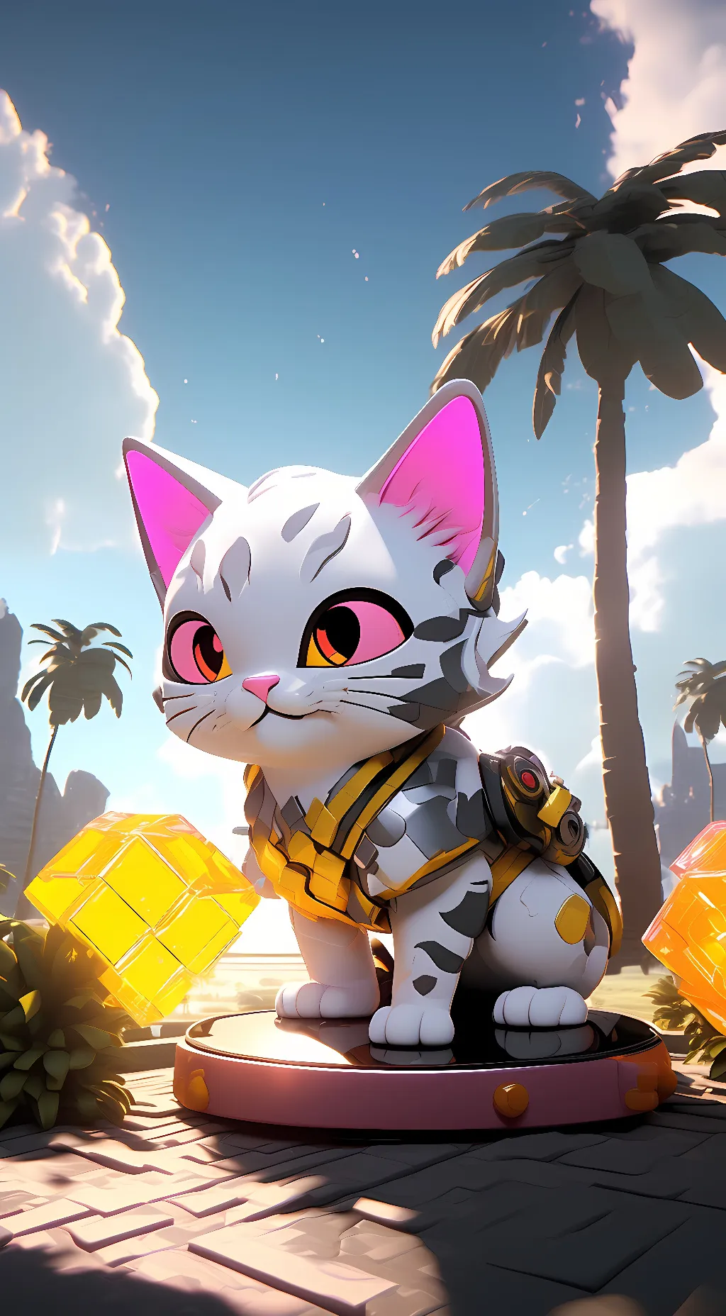 ai character: kitty and cube background