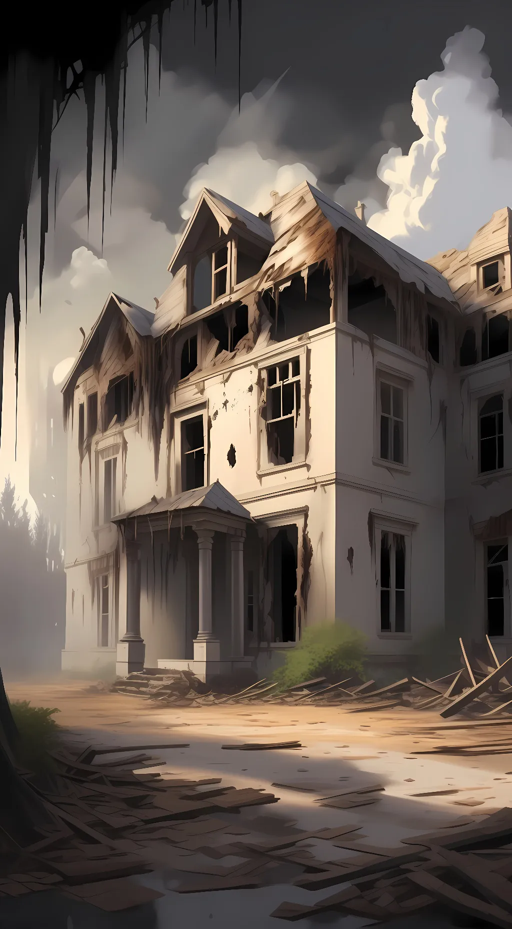 ai character: Haunted burnt home background