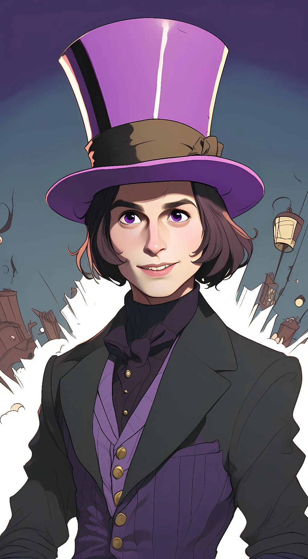 ai character: Willy Wonka  background