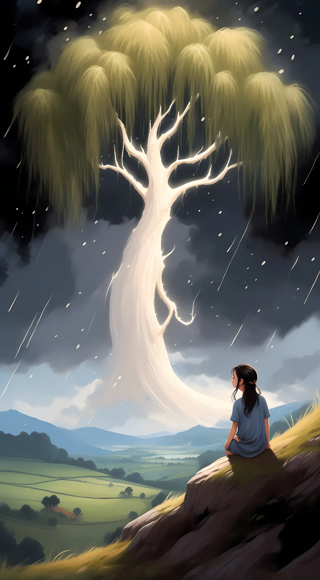 ai character: old willow tree  background