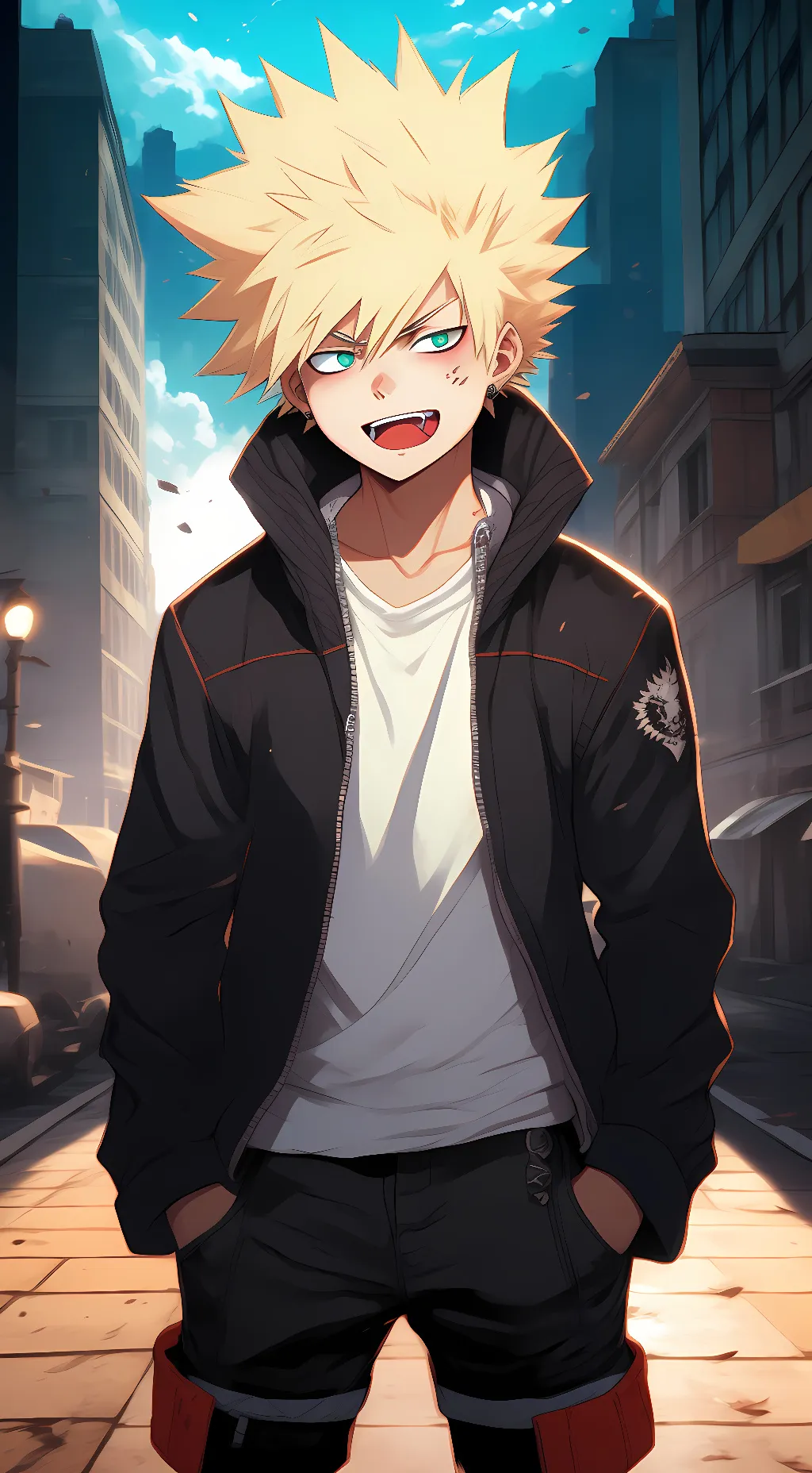 ai character: punk bakugo 😎🖤🖤🖤🧡🧡 background