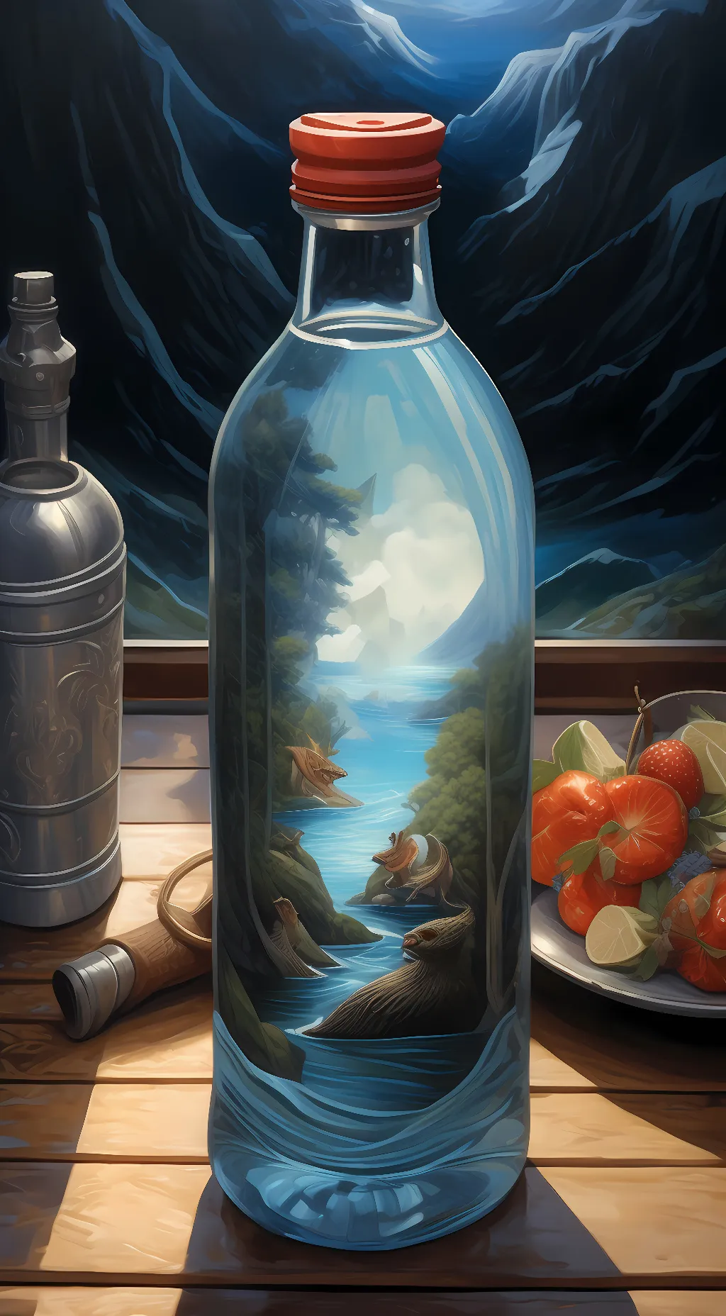 ai character: water bottle background