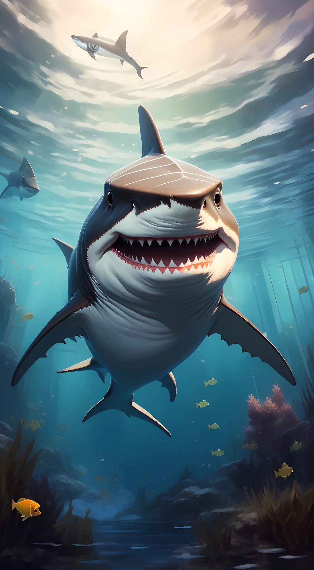 ai character: Great white shark background
