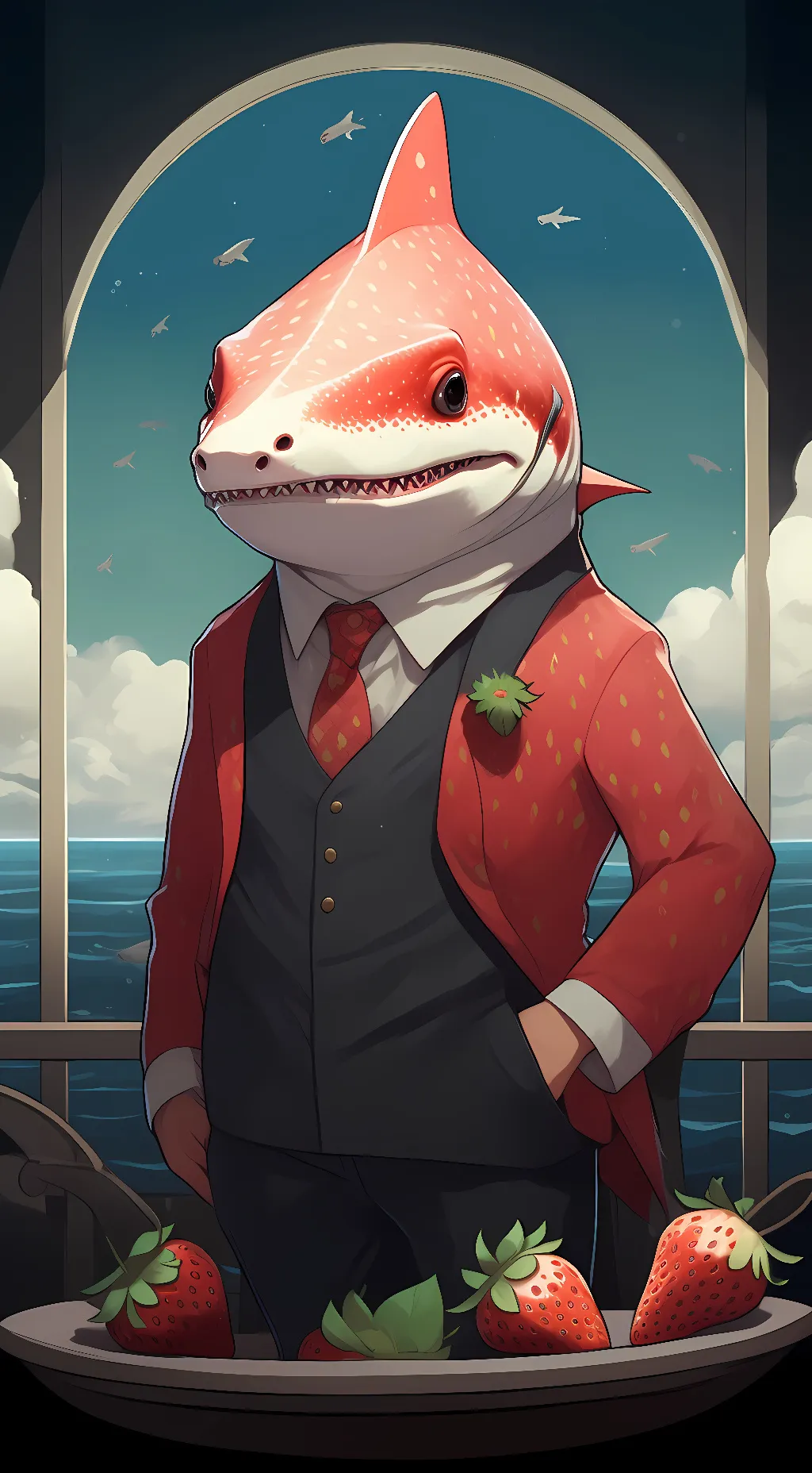 ai character: strawberry shark background