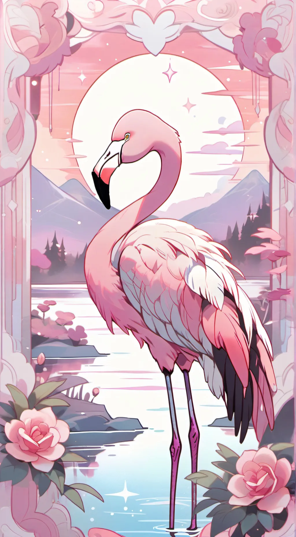 ai character: cutepink flamingo  background