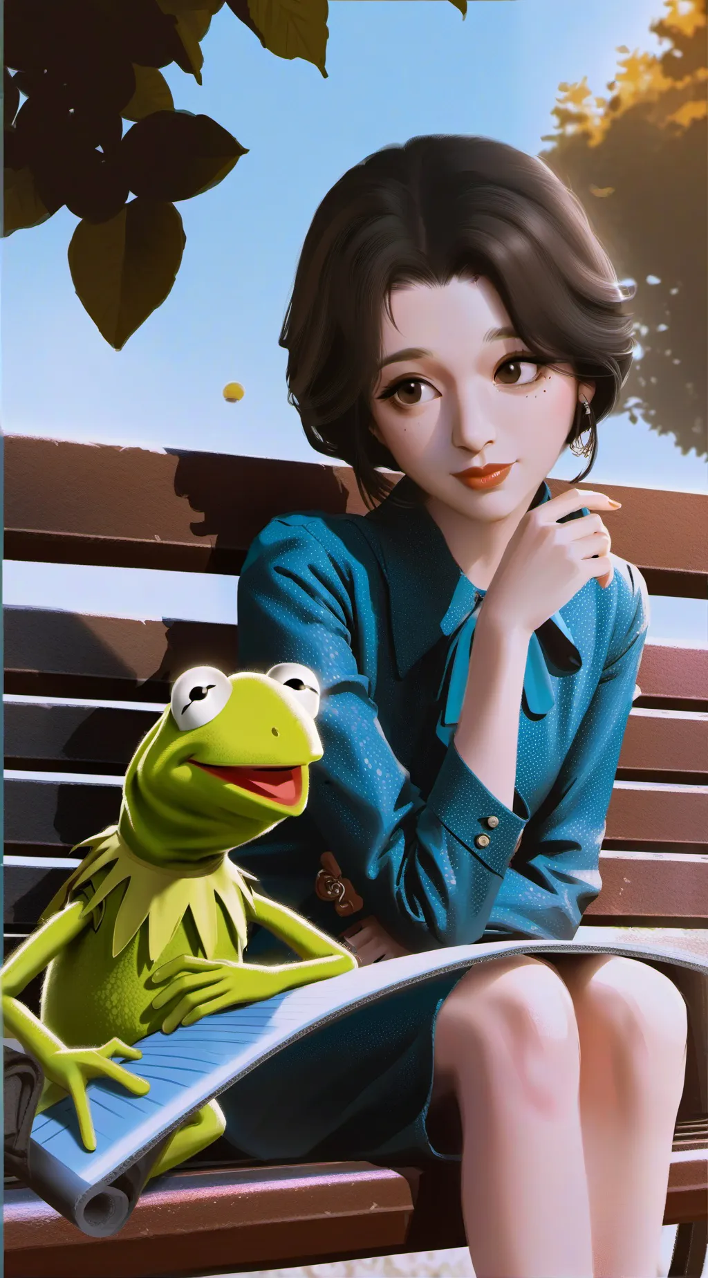 ai character: Kermit and a woman background