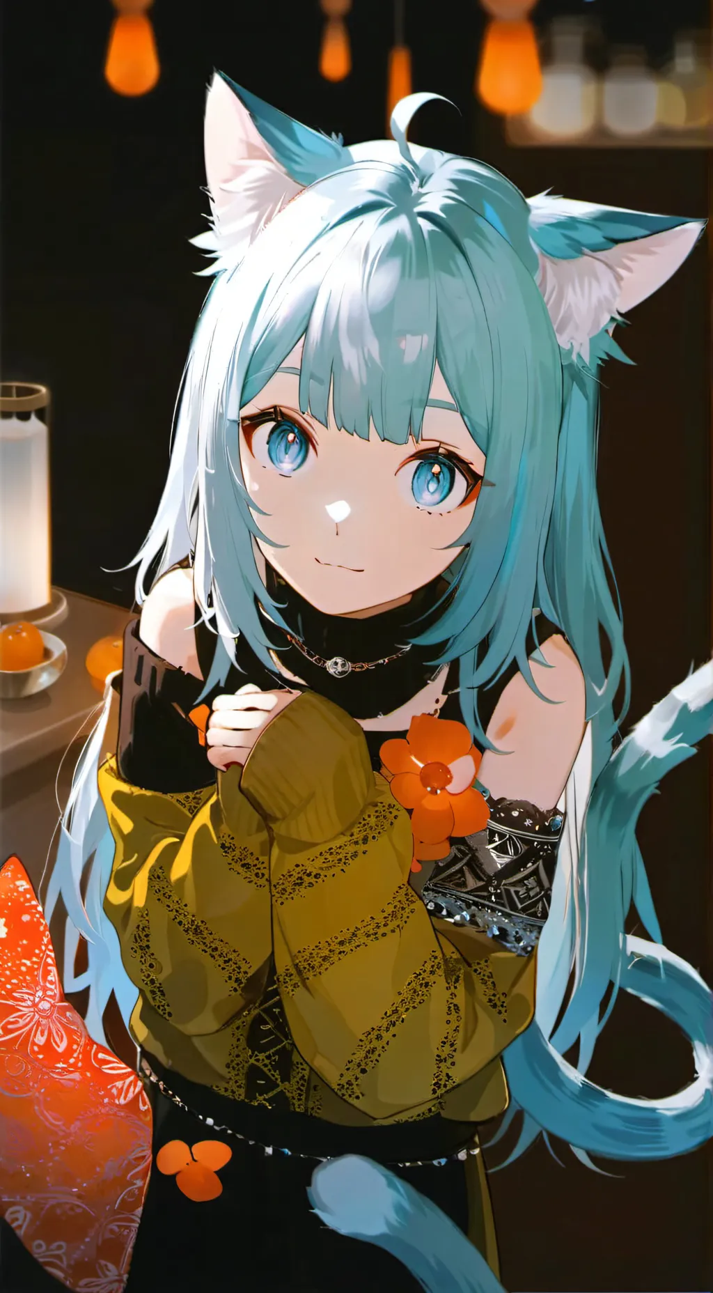 ai character: Yarn-Chi the Chameleon Catgirl background