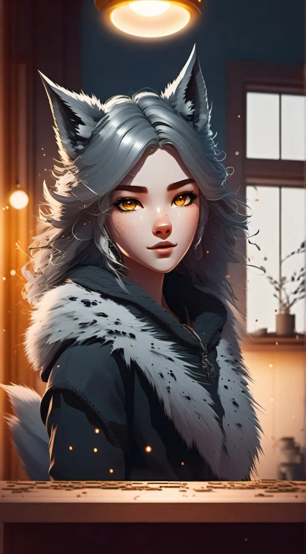 ai character: Sleek Gray Wolf Furry background