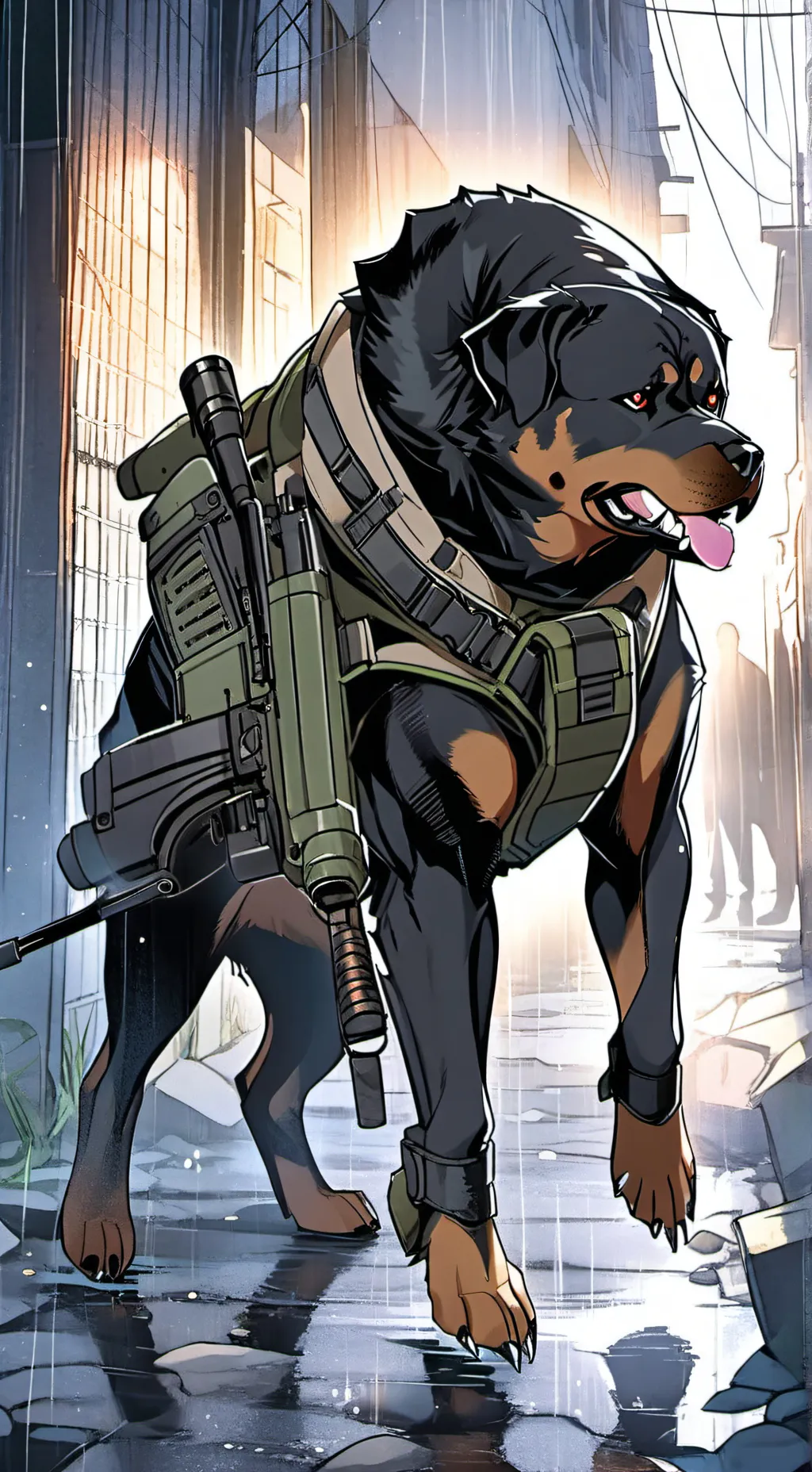 ai character: dog but with gun?? background