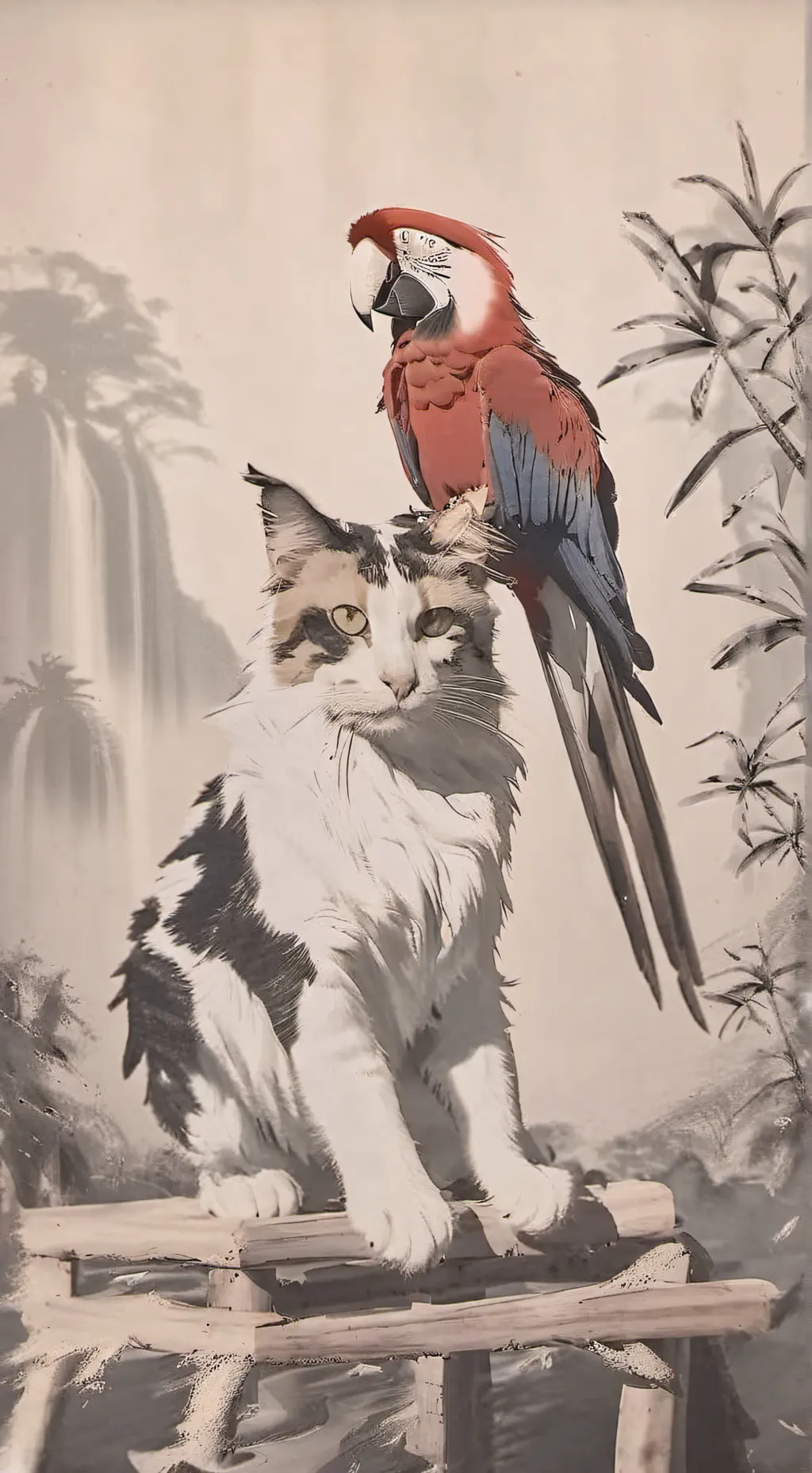 ai character: {😺Cat and Parrot🐦} background