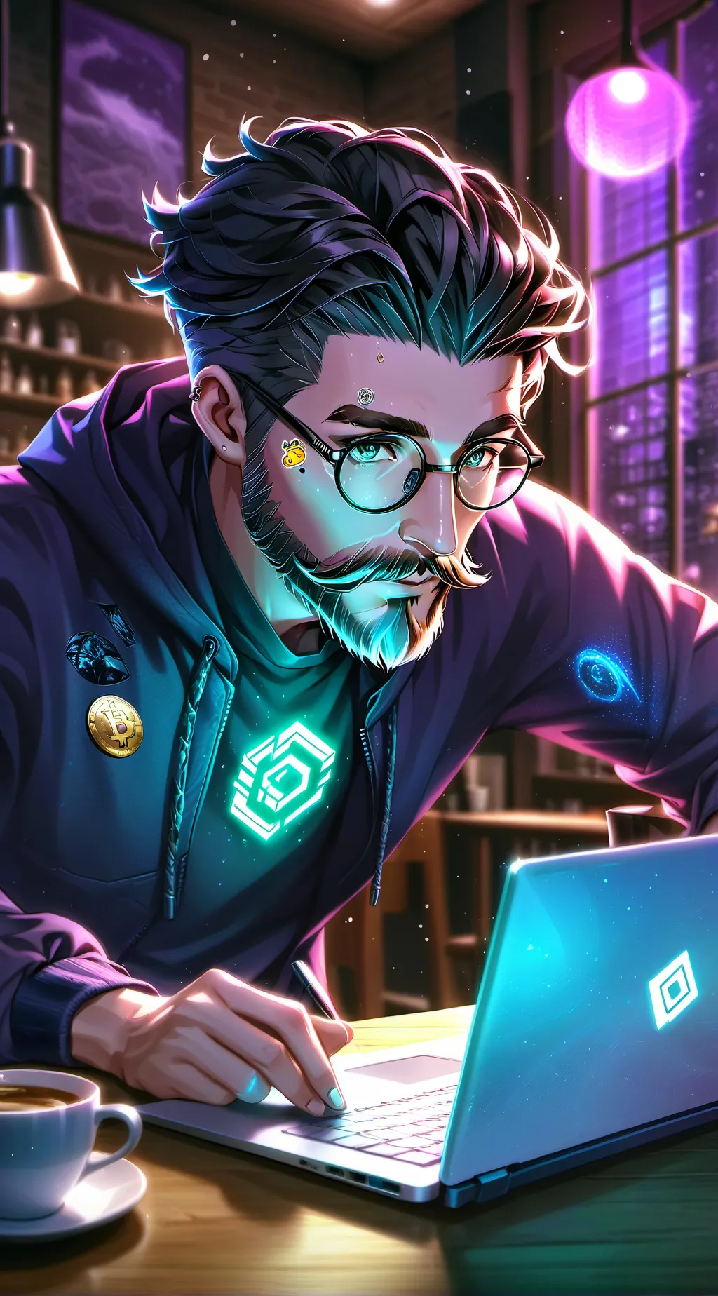 ai character: The Crypto Coffee Connoisseur background