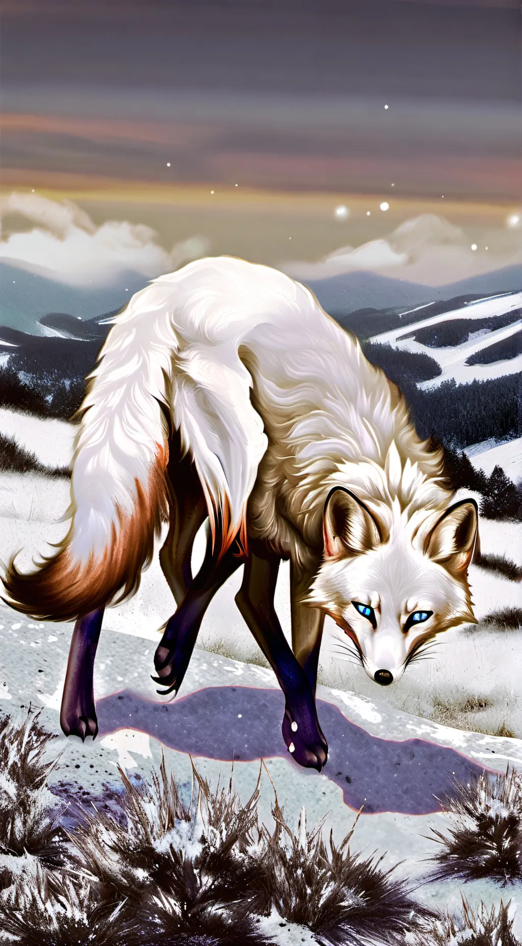 ai character: White fox. background