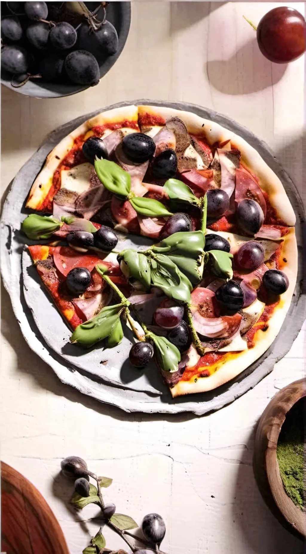 ai character: grape pizza background