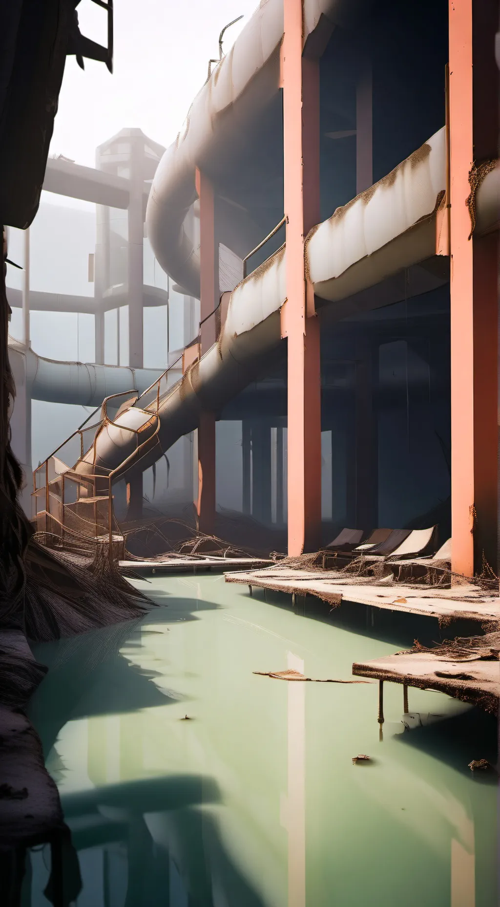 ai character: abandned waterpark background