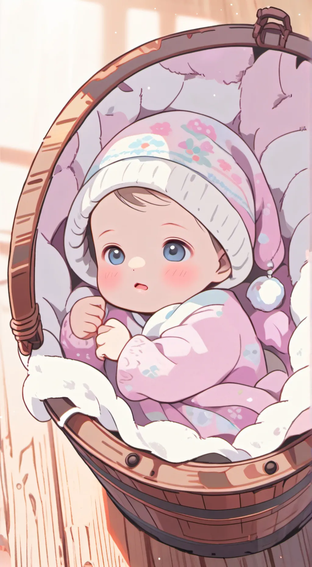 ai character: Baby in a basket background