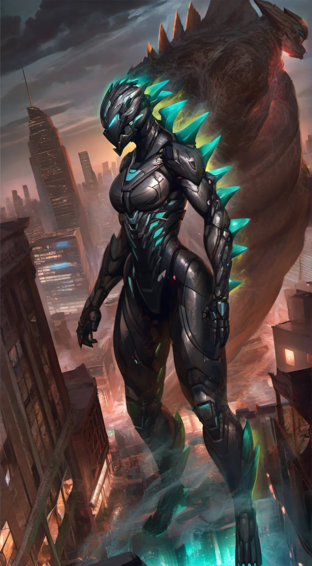 ai character: Godzilla.F background