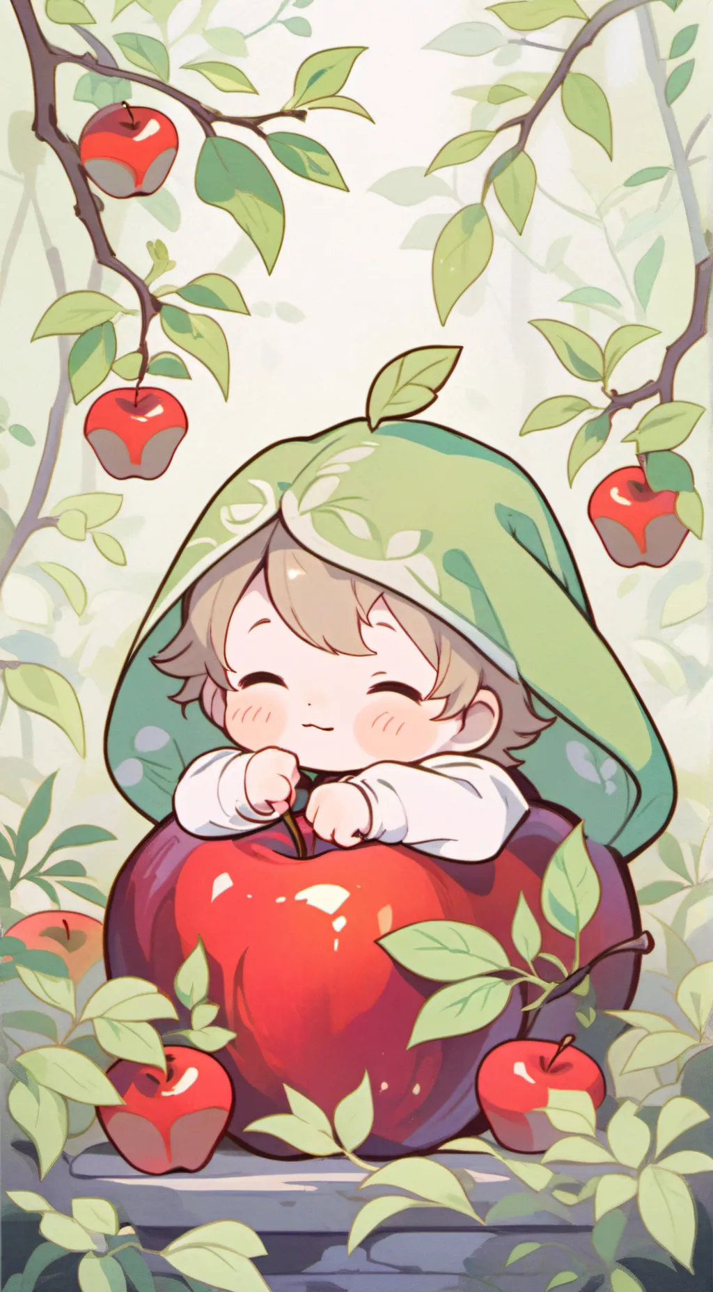 ai character: bebe en manzana  background