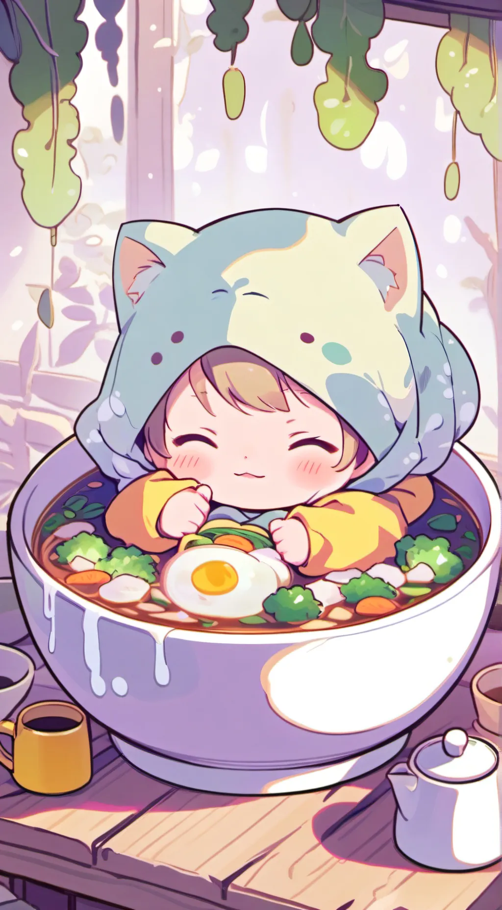 ai character: bebés en sopa background