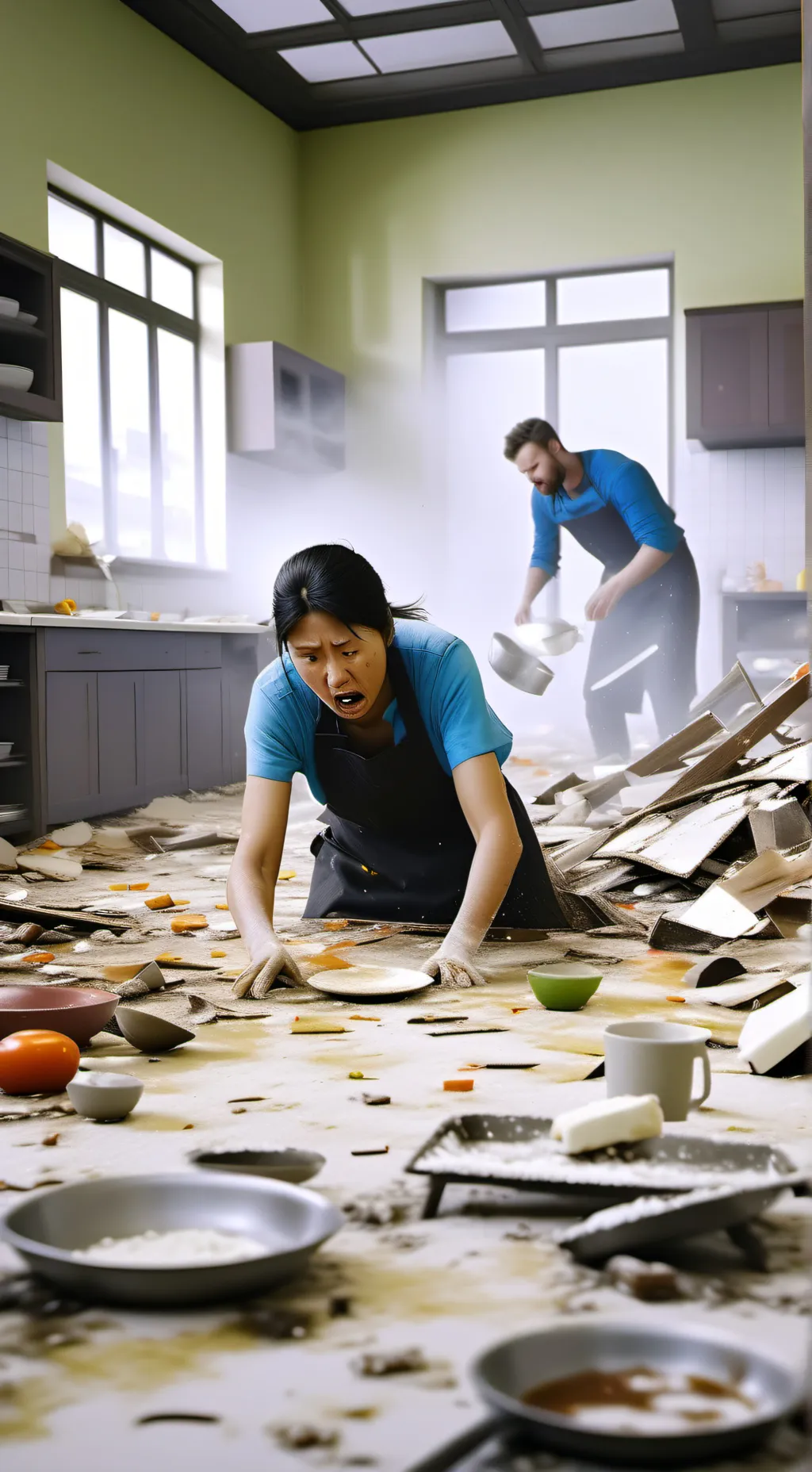 ai character: kitchen disaster background