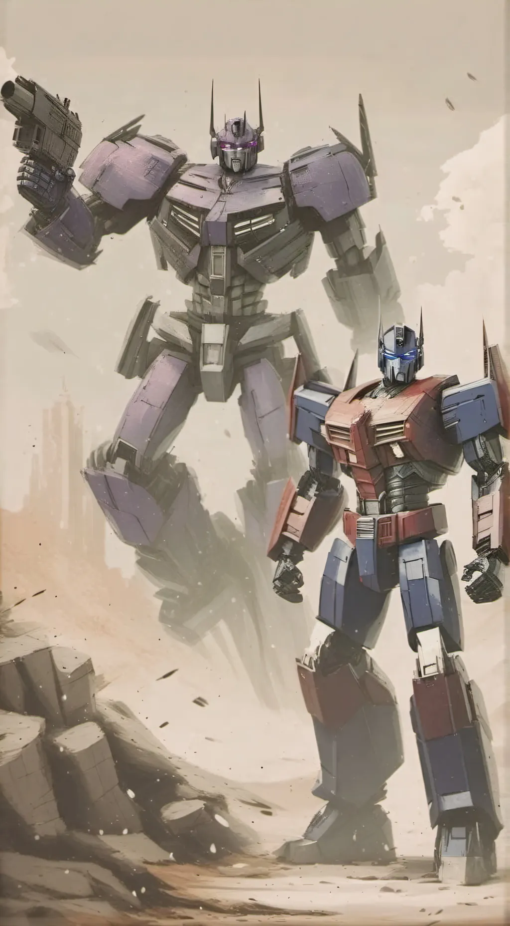 ai character: OptimusxShockwave background