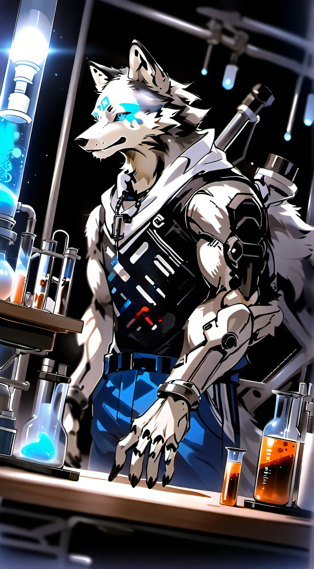 ai character: serigala cyborg  background