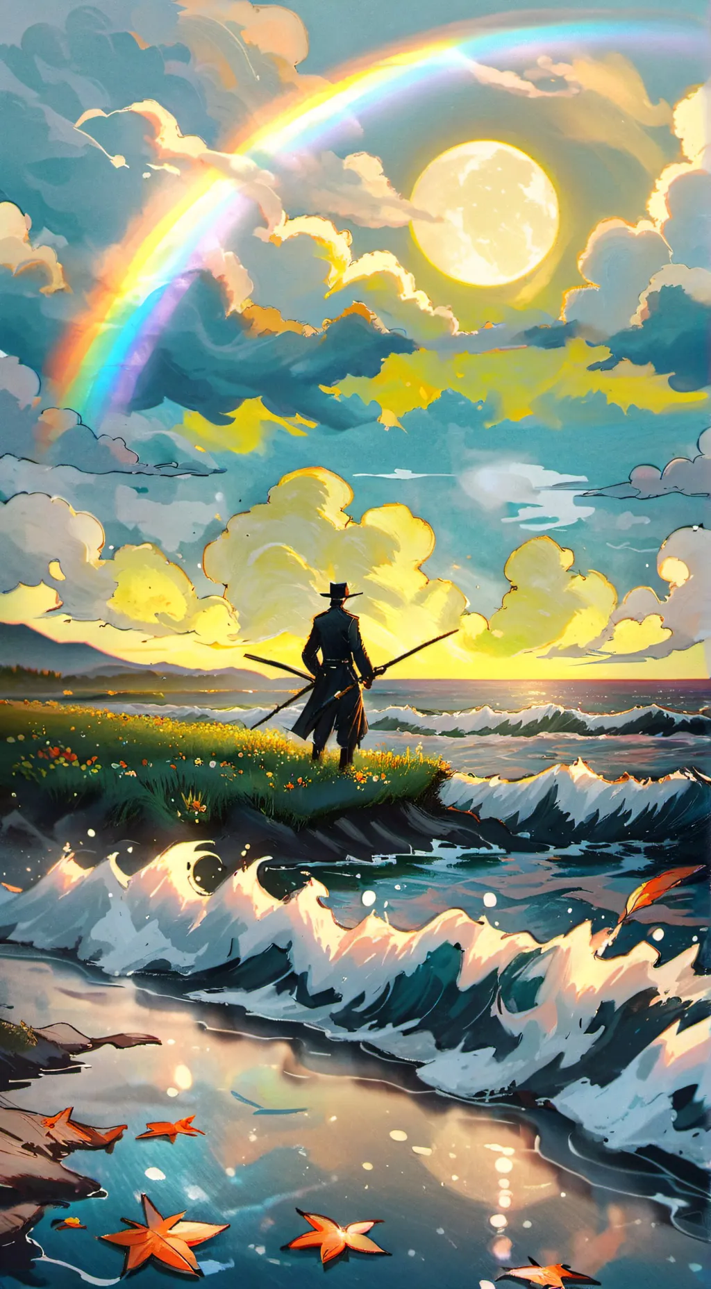 ai character: Fpe meets Rainbow  background