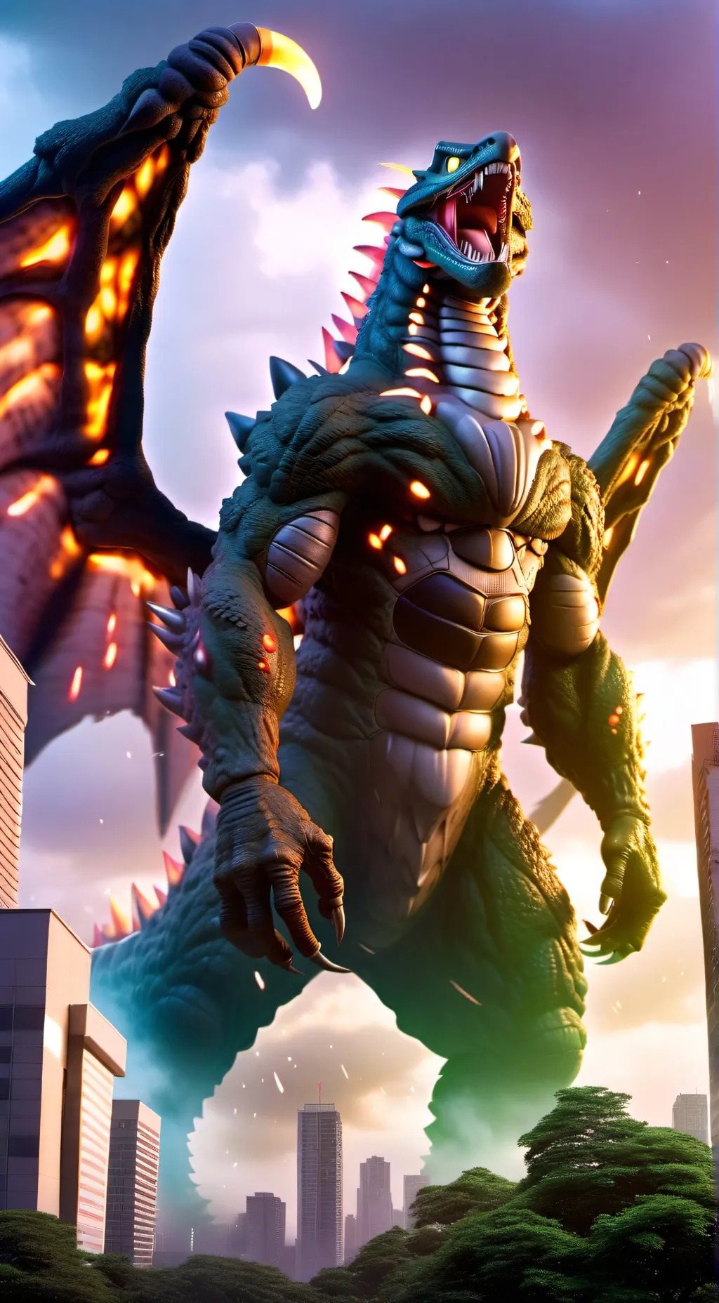 ai character: Godzilla  background