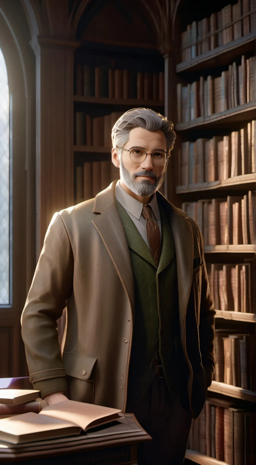 ai character: Biblioteca background