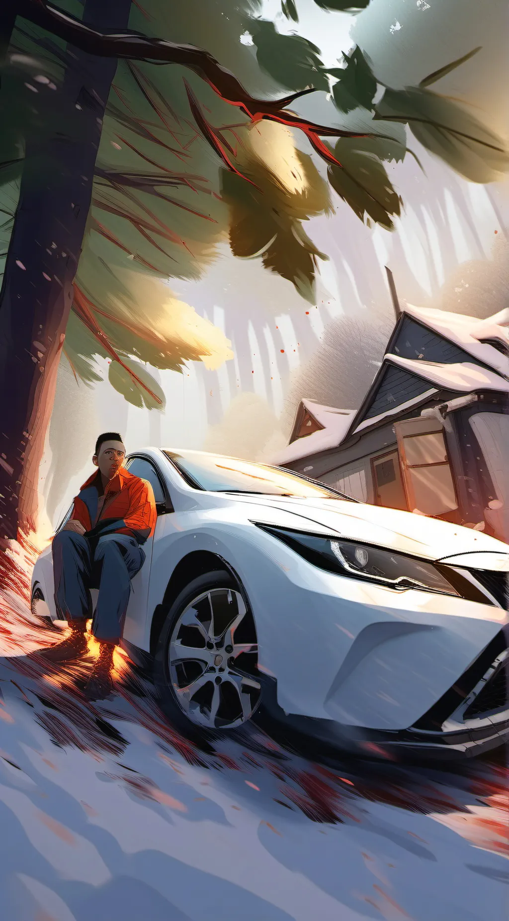ai character: boy wit the car background