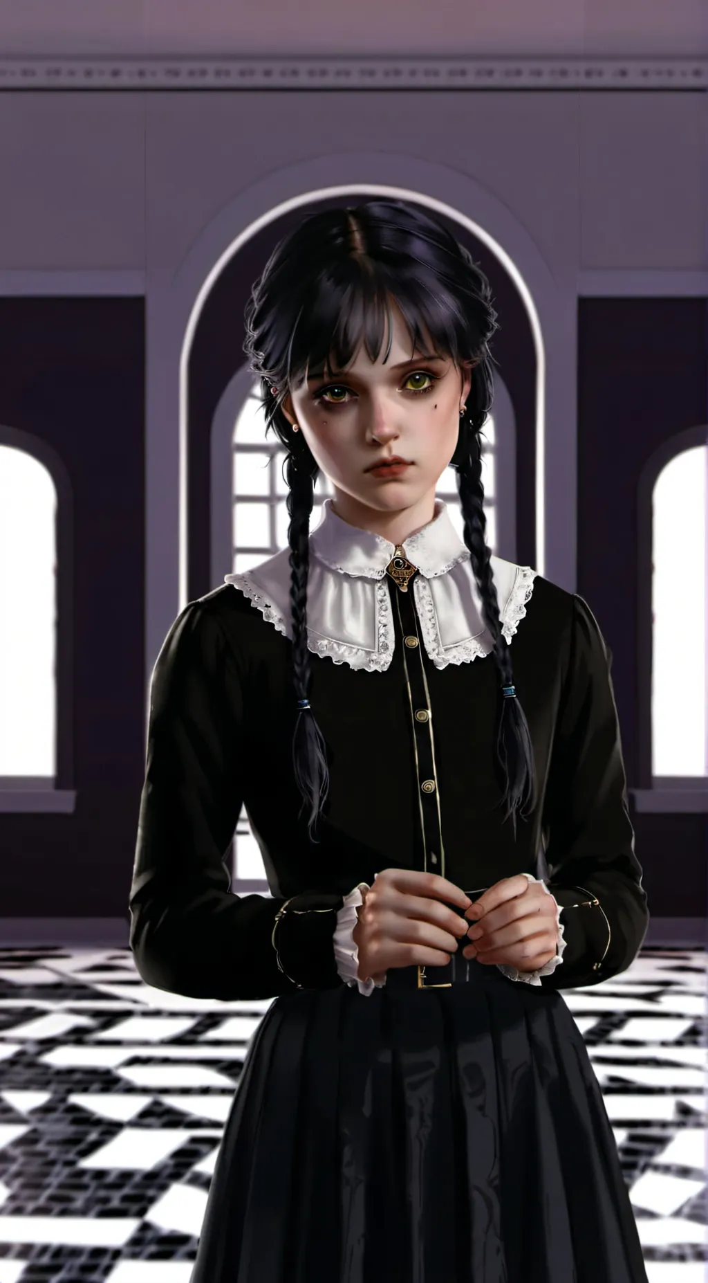 ai character: Wednesday Adams. background