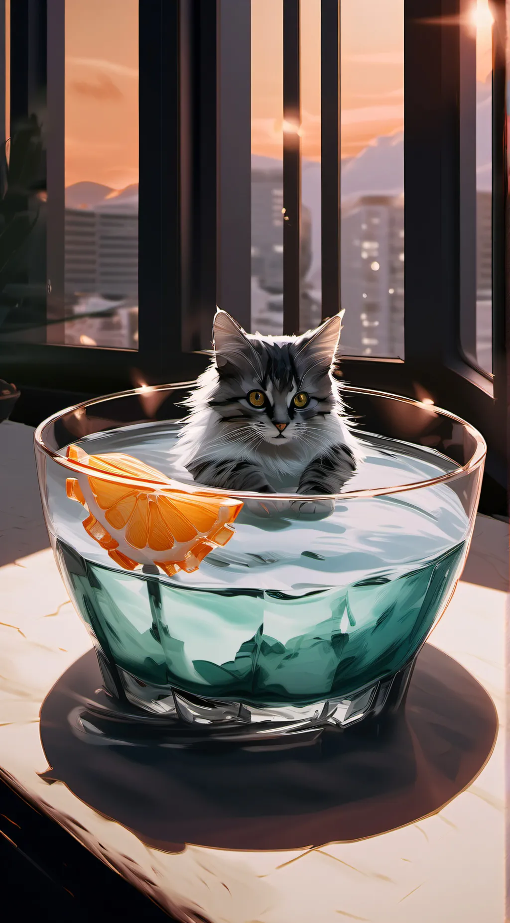 ai character: Cat in a Glass background