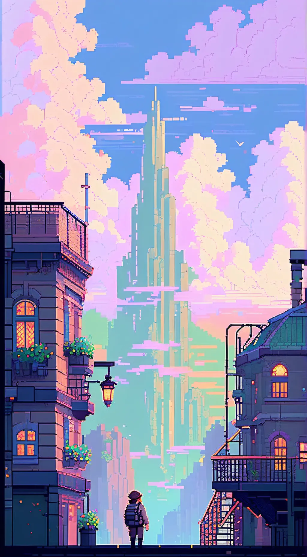 ai character: Pixel town background