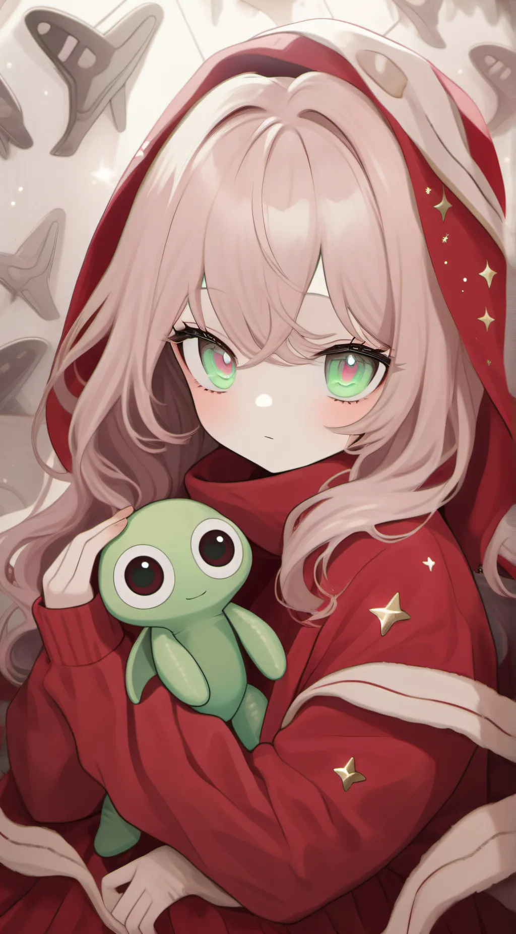 ai character: green alien plush background