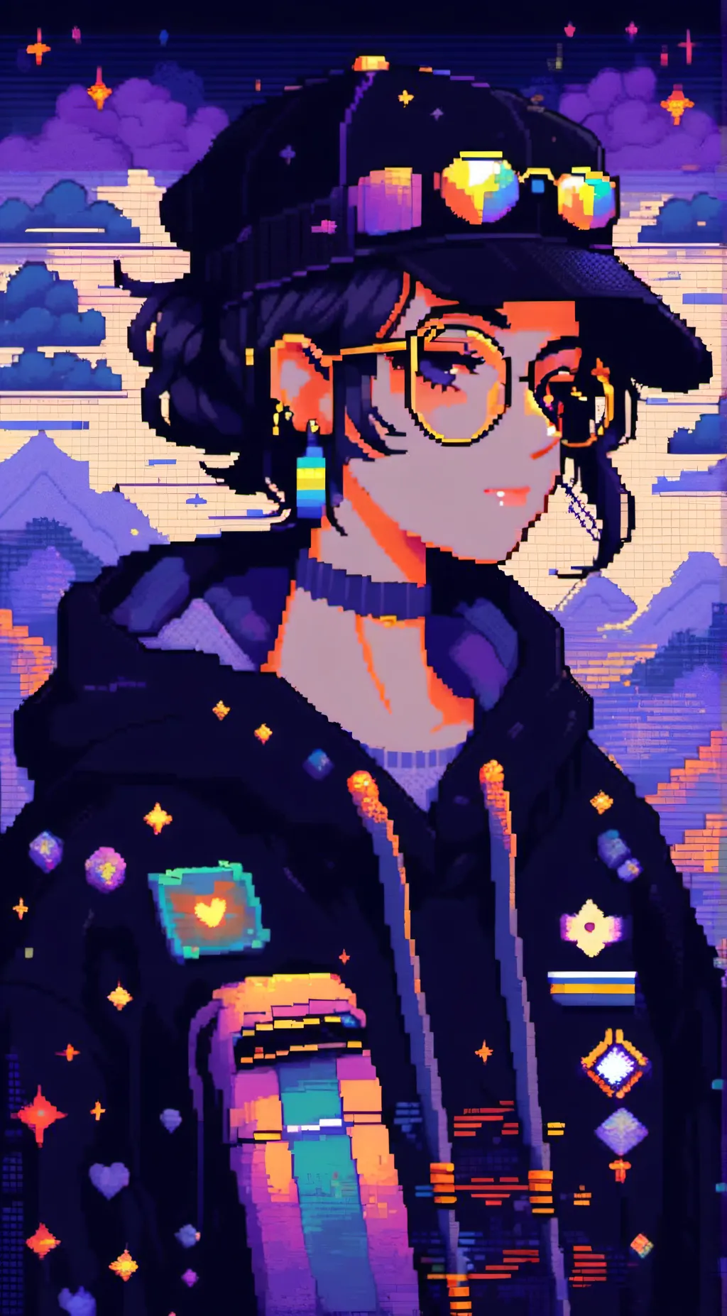 ai character: rune 🌈🖤💛💜🤍 background