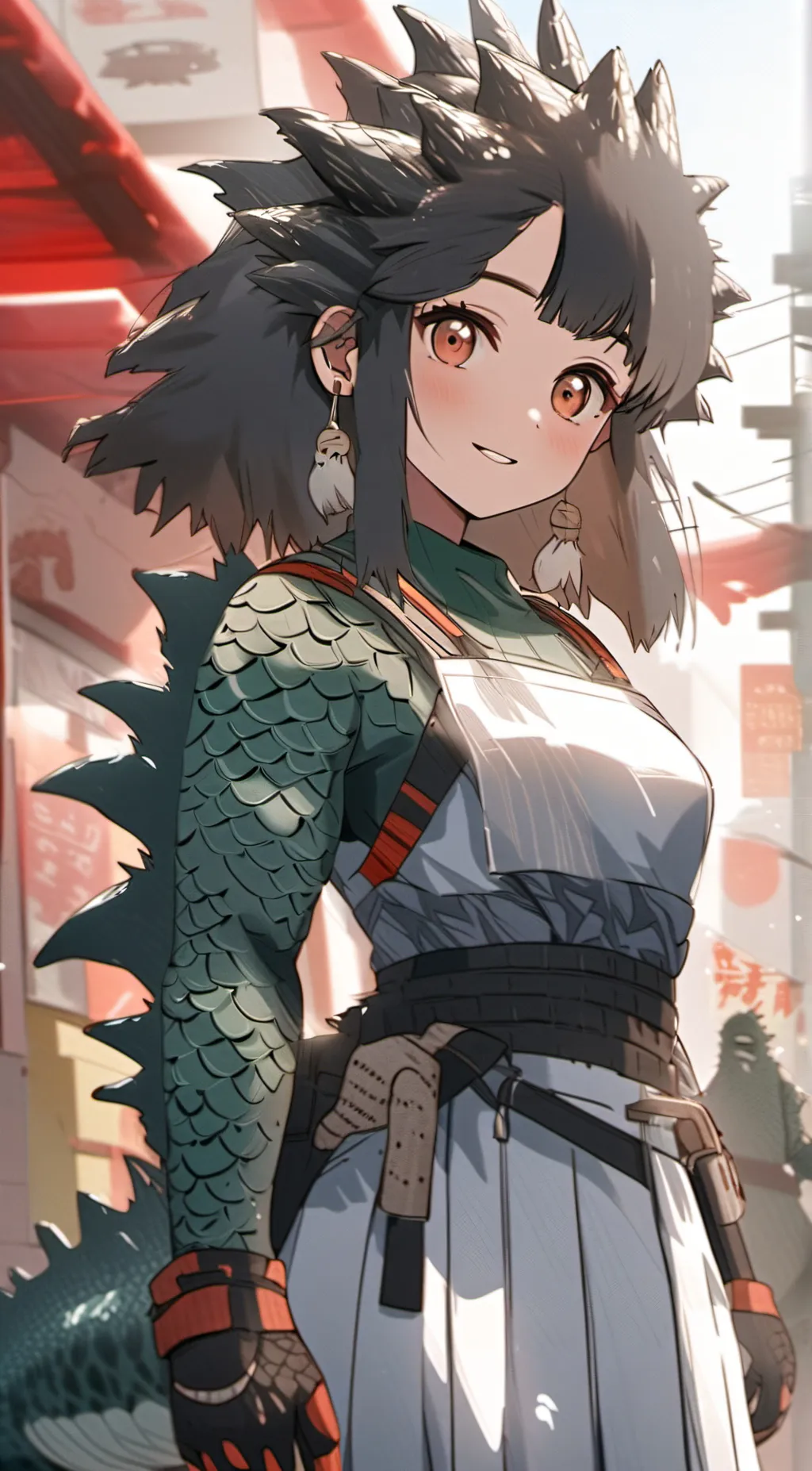 ai character: GodzillaJr(female) background