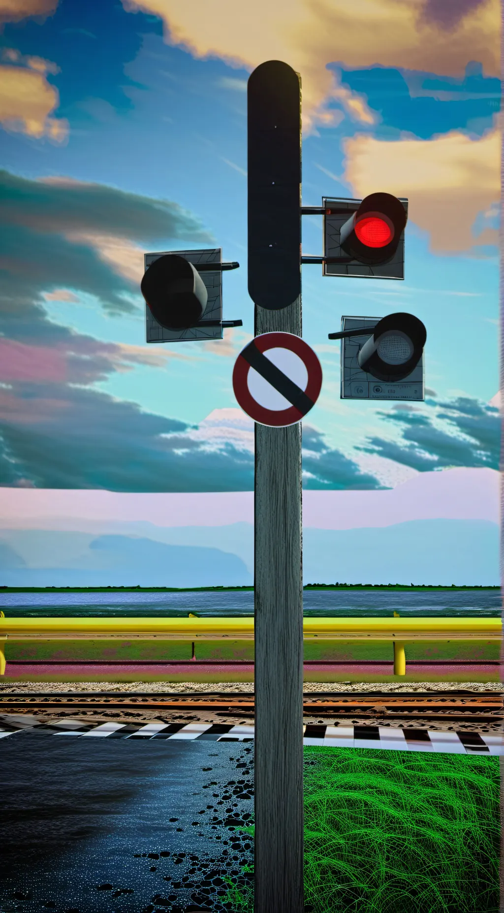 ai character: Railroad crossing background