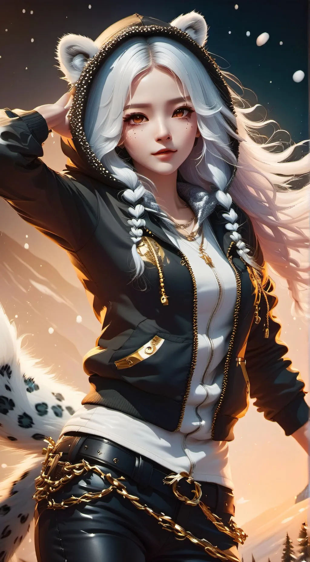 ai character:  snow leopard girl background