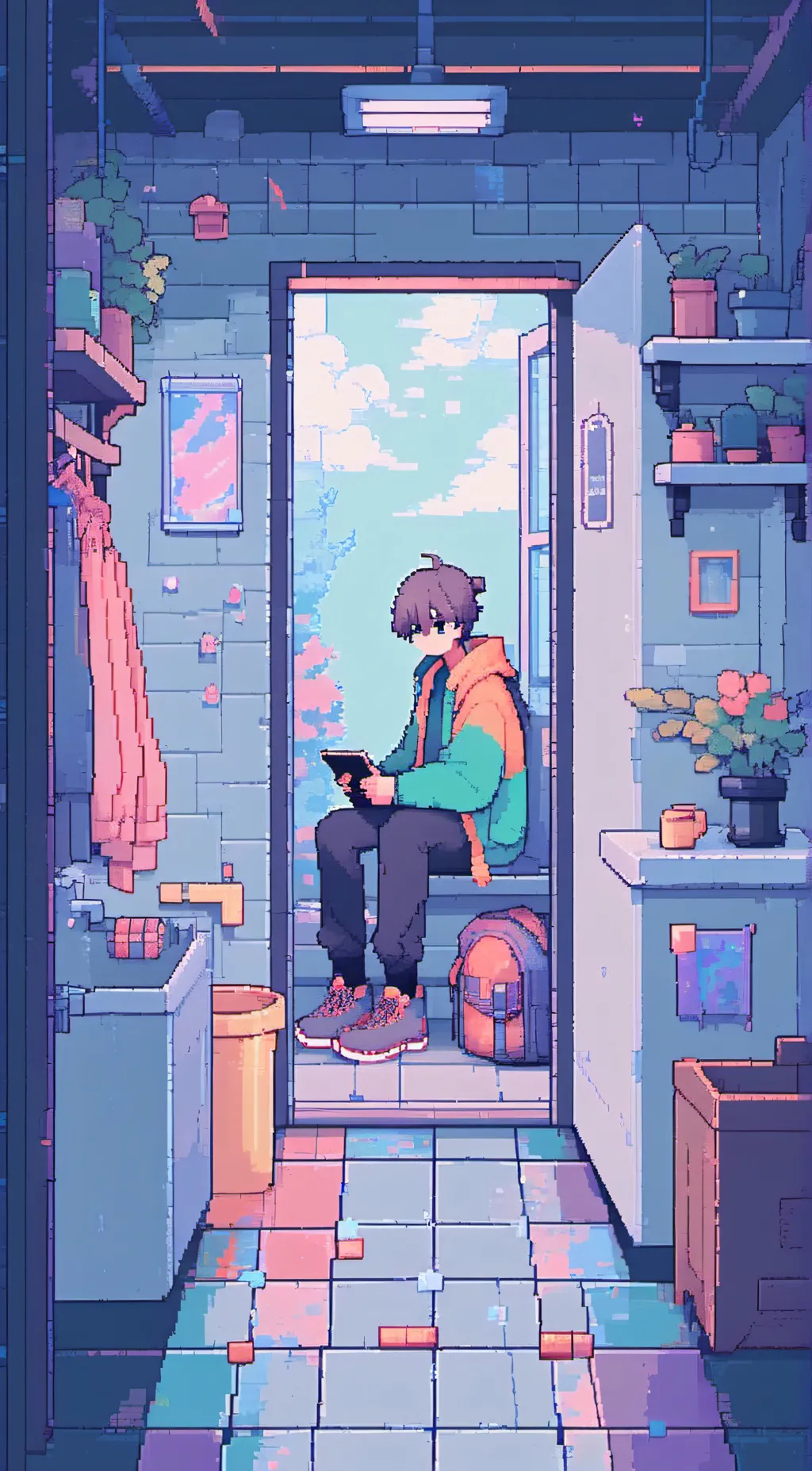 ai character: boy using phone background