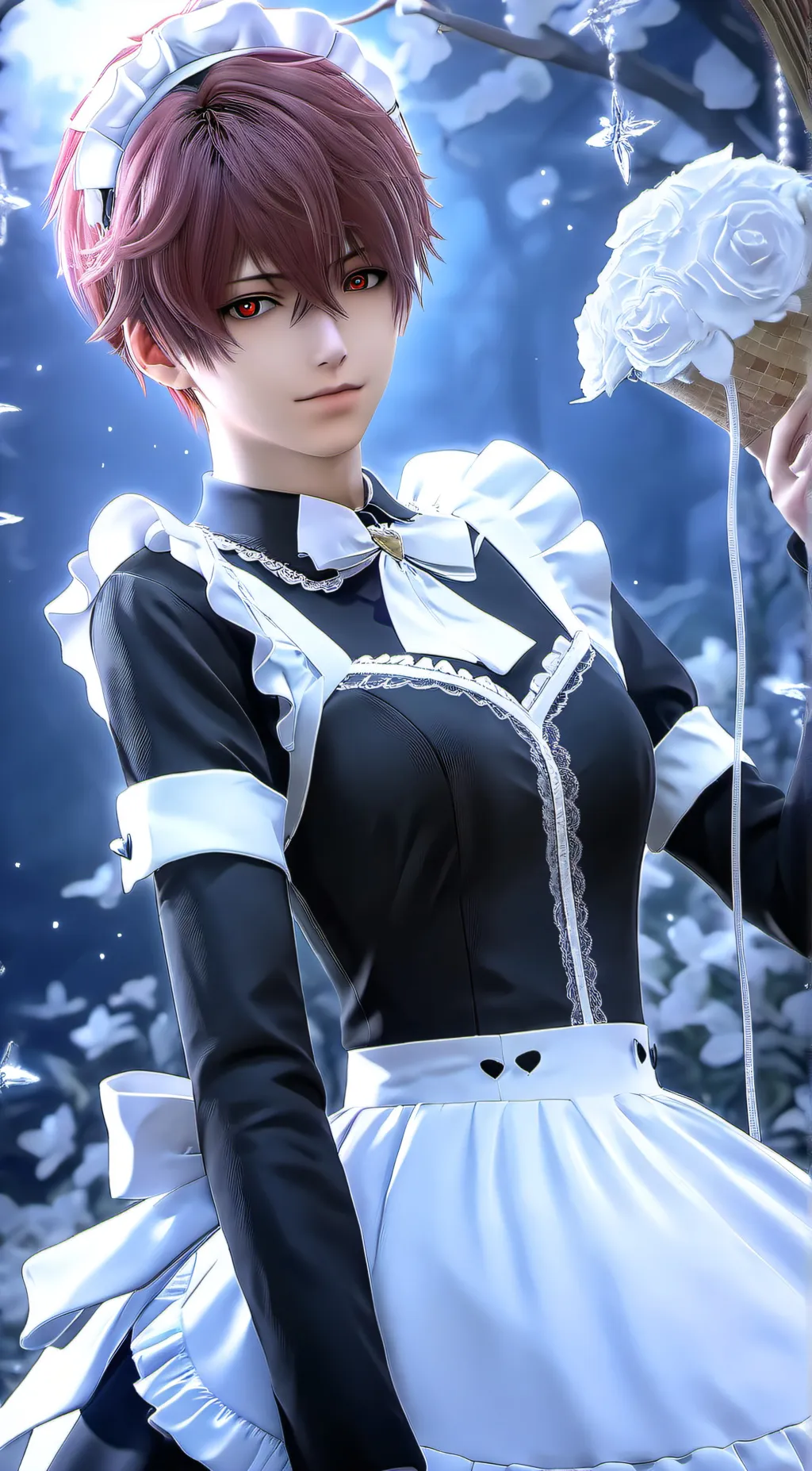 ai character: bm in a maid dress background