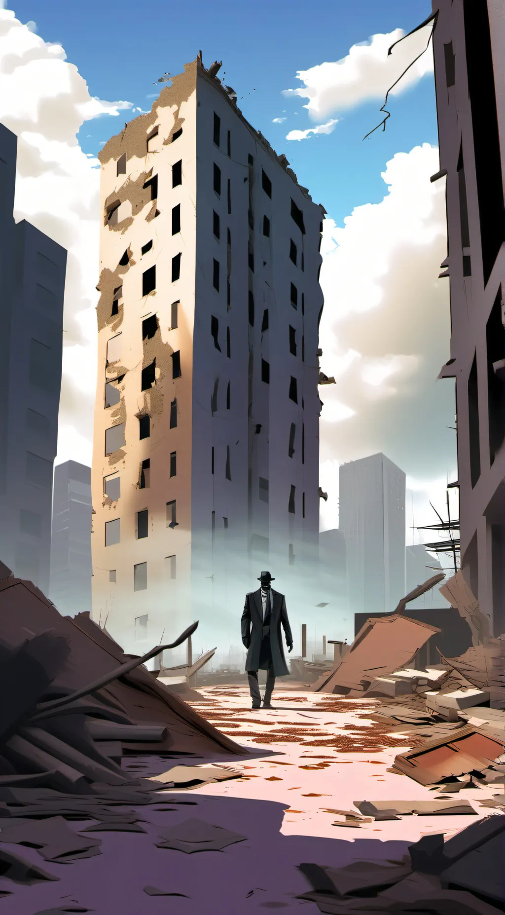 ai character: Destroyed city background