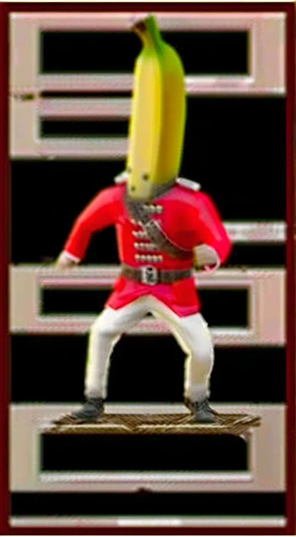 ai character: Red coat peely  background